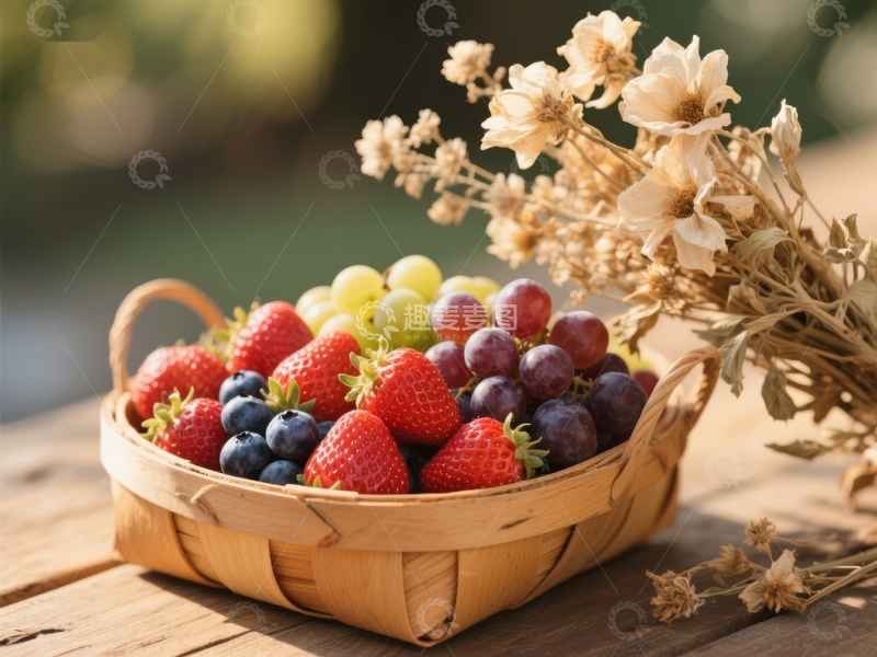 高清大图下载【趣麦麦图】篮子里的水果与干花