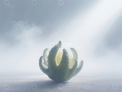 剥开的柠檬在雾中散发光芒
