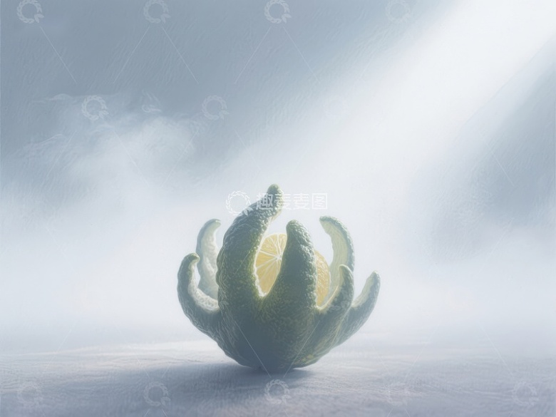 剥开的柠檬在雾中散发光芒