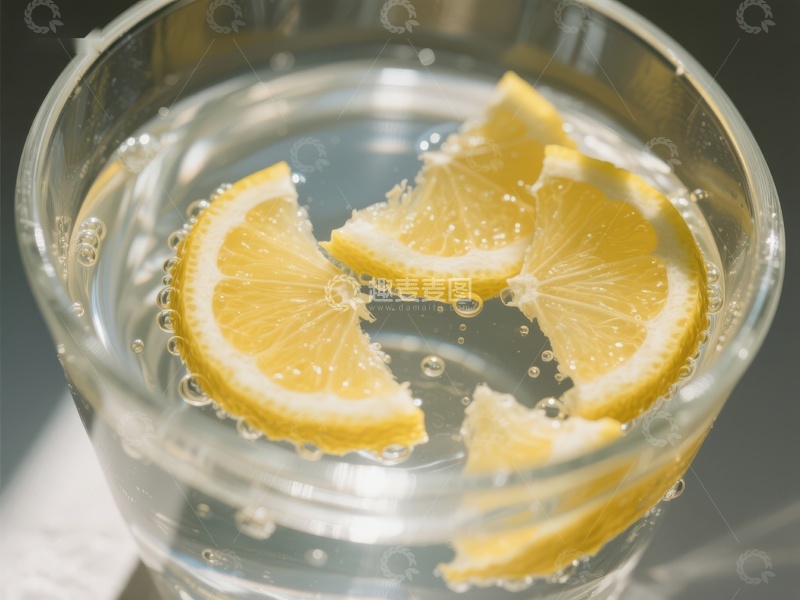 高清大图下载【趣麦麦图】柠檬片漂浮在透明玻璃杯中的水里