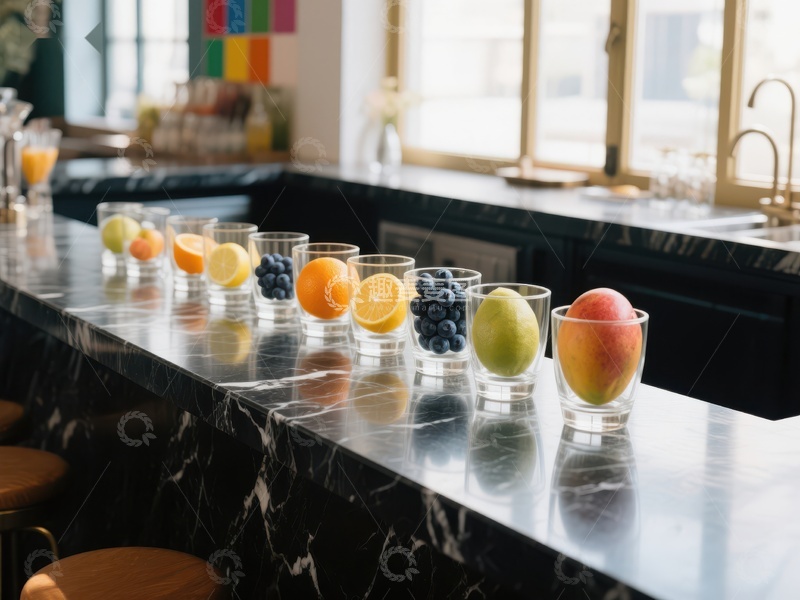 高清大图下载【趣麦麦图】水果杯排列在大理石吧台上