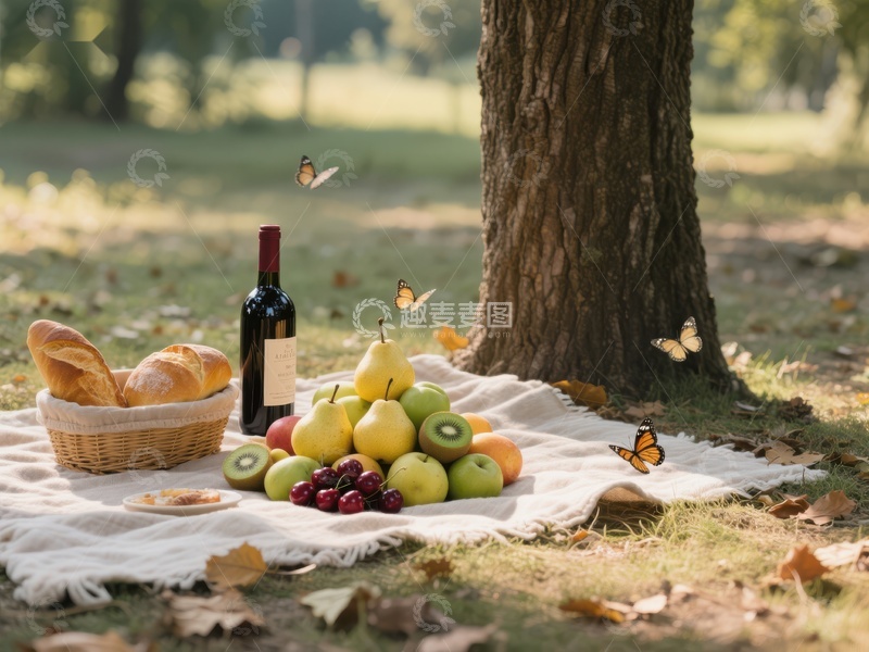 高清大图下载【趣麦麦图】树下野餐：面包、水果与红酒