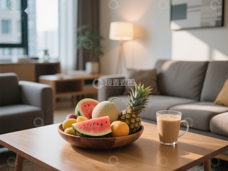 高清大图下载【趣麦麦图】客厅茶几上的水果与饮品