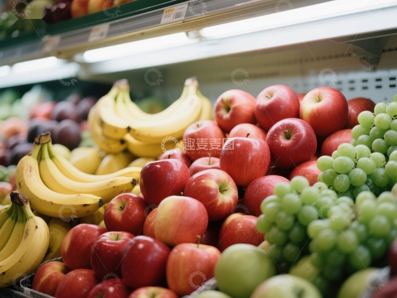 高清大图下载【趣麦麦图】超市水果区新鲜苹果香蕉葡萄陈列