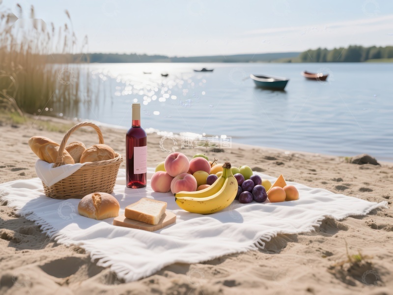 高清大图下载【趣麦麦图】湖畔沙滩上的野餐布置
