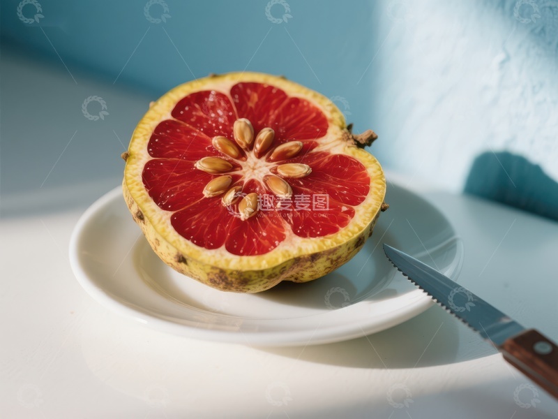 高清大图下载【趣麦麦图】切开的红色水果，置于白色盘上