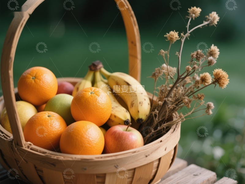 高清大图下载【趣麦麦图】篮子里的水果与干花
