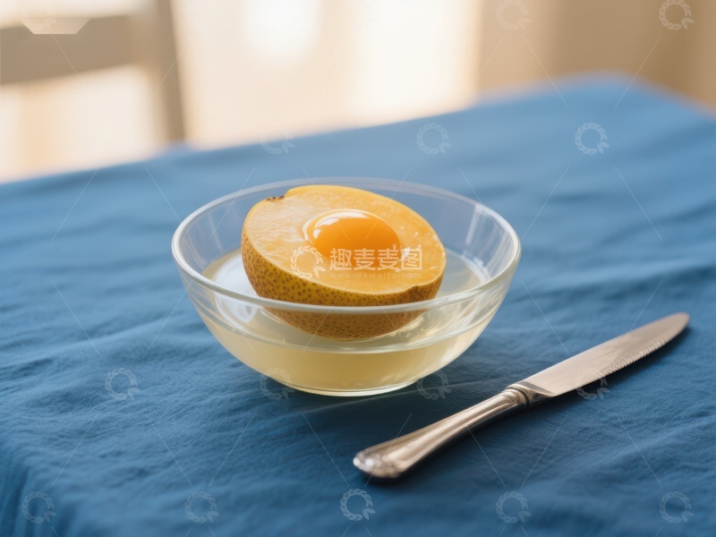 高清大图下载【趣麦麦图】-蛋黄置于透明碗中，配以银刀