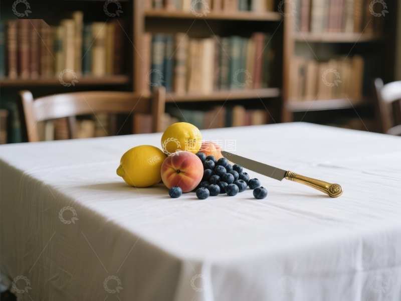 高清大图下载【趣麦麦图】书房静物：水果与刀具