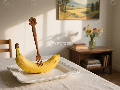 叉子插在香蕉上的静物场景