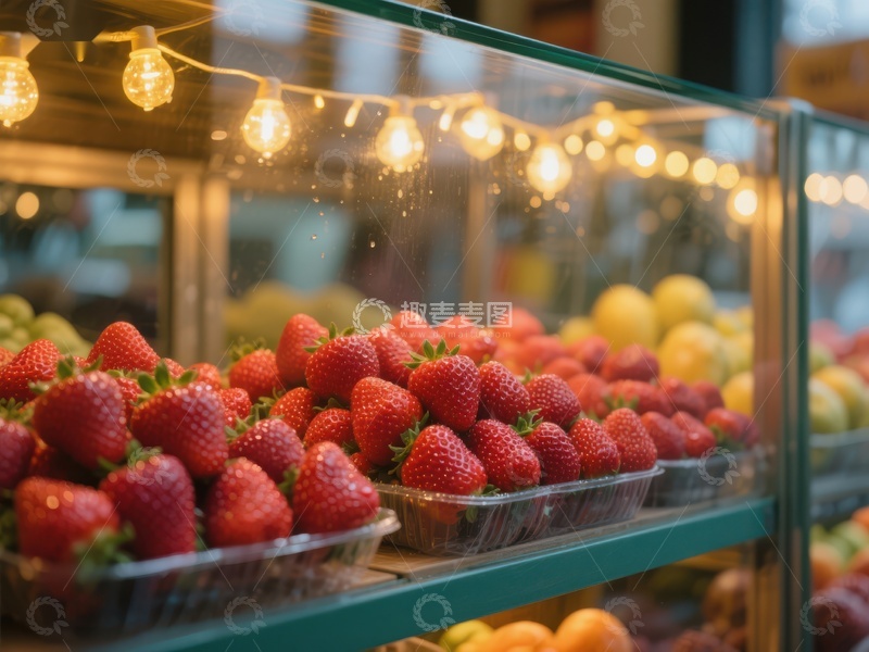 高清大图下载【趣麦麦图】新鲜草莓陈列在灯光装饰的展示柜中