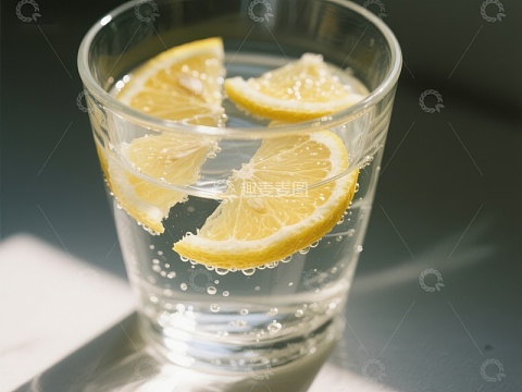 柠檬片泡在透明玻璃杯中的水