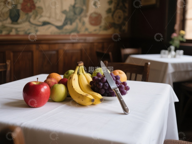 高清大图下载【趣麦麦图】餐桌上的新鲜水果与刀具