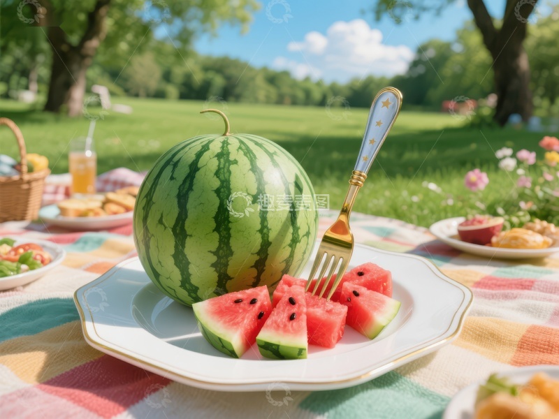 高清大图下载【趣麦麦图】-夏日野餐，西瓜切片与自然风光