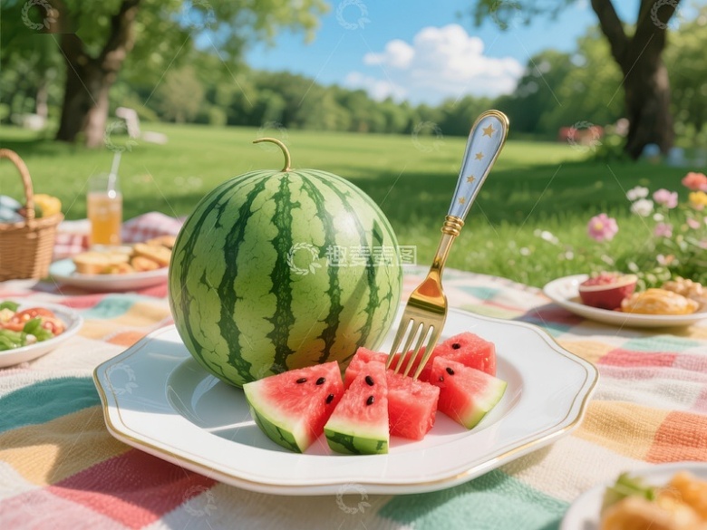 夏日野餐，西瓜切片与自然风光