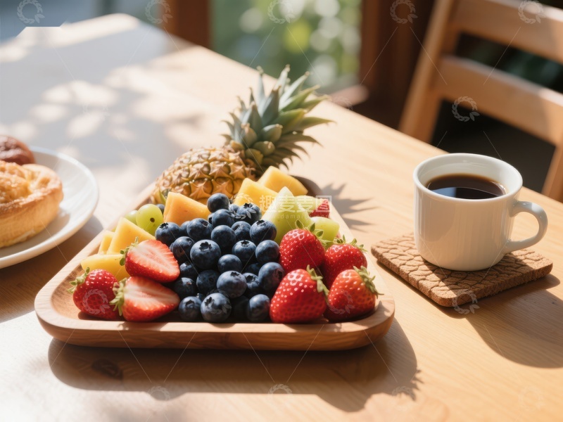 高清大图下载【趣麦麦图】新鲜水果拼盘与咖啡的早餐时光