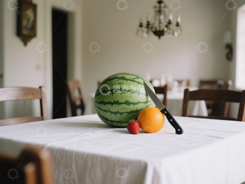 高清大图下载【趣麦麦图】西瓜与橙子静置餐桌