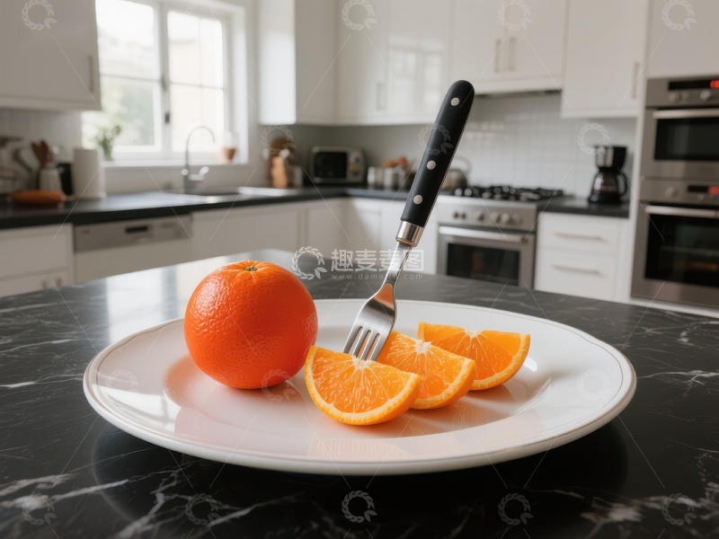 高清大图下载【趣麦麦图】橙子切片与叉子置于厨房餐桌