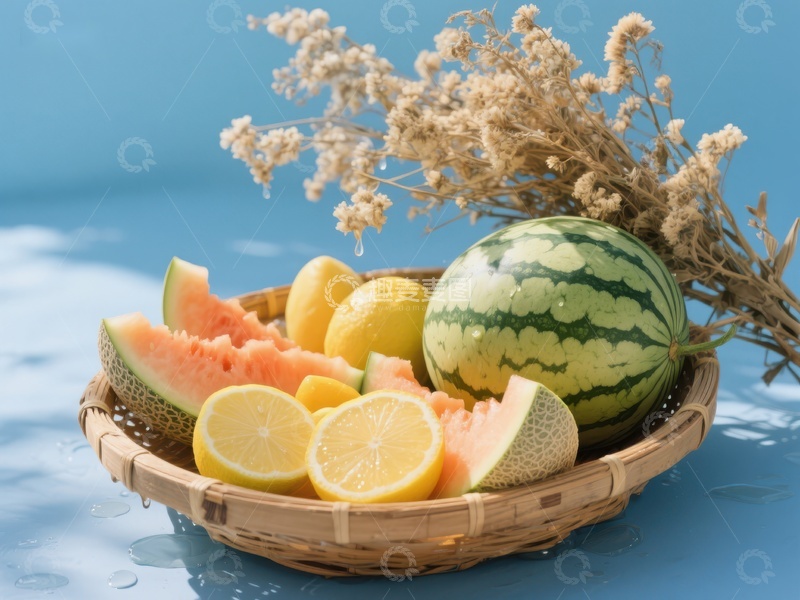 高清大图下载【趣麦麦图】夏日水果篮：西瓜、柠檬与哈密瓜