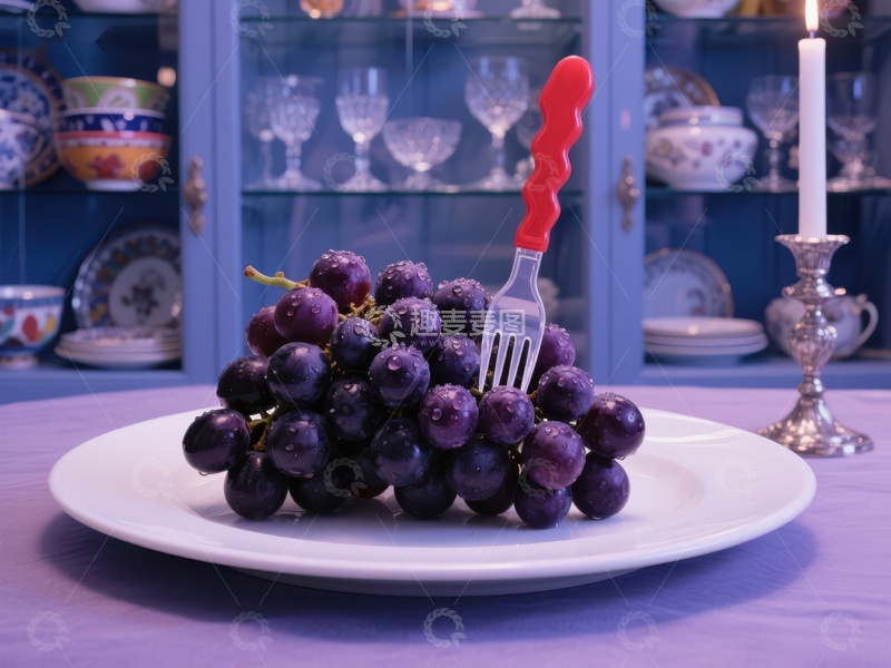 高清大图下载【趣麦麦图】叉子插在葡萄串上，背景为餐具柜