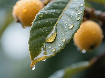 雨滴点缀的枇杷叶与果实