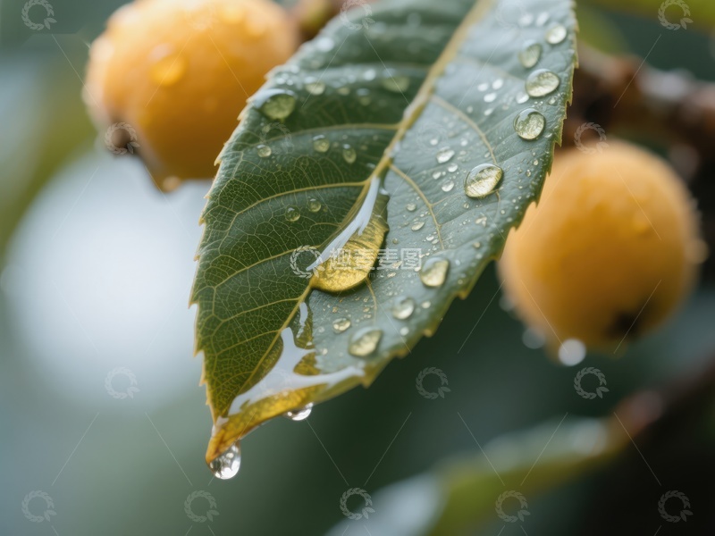 高清大图下载【趣麦麦图】雨滴点缀的枇杷叶与果实