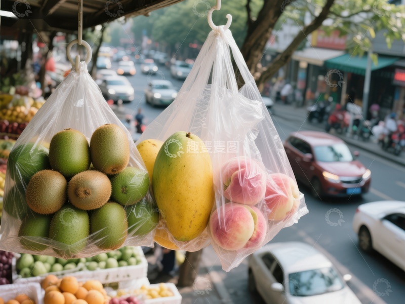 高清大图下载【趣麦麦图】街头水果摊的塑料袋装奇异果、芒果和苹果