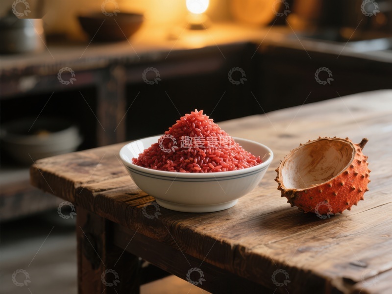 高清大图下载【趣麦麦图】红色米饭与奇异果壳置于木质桌面上