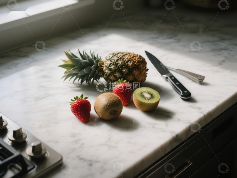 高清大图下载【趣麦麦图】厨房台面上的水果与刀具