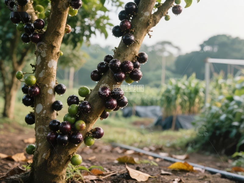 高清大图下载【趣麦麦图】树上挂满紫黑果实的果园景象