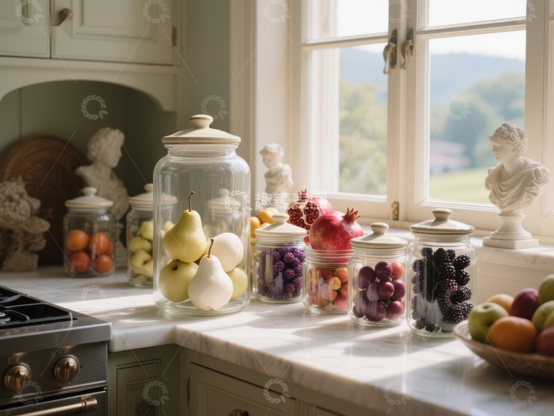 高清大图下载【趣麦麦图】厨房窗台上的水果罐装饰