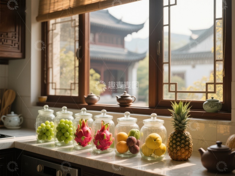高清大图下载【趣麦麦图】窗边水果与茶具的静谧厨房