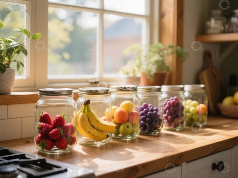 高清大图下载【趣麦麦图】厨房窗台上的玻璃罐装水果