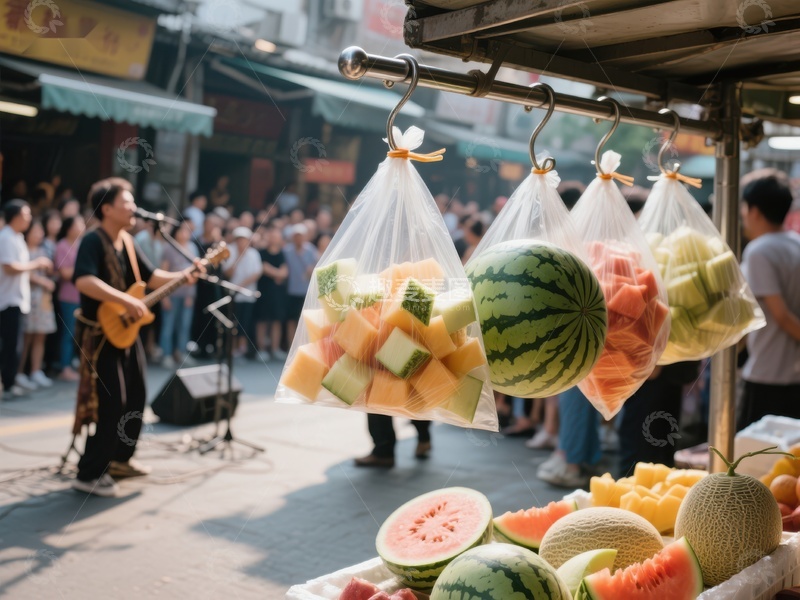高清大图下载【趣麦麦图】街头水果摊与现场音乐表演