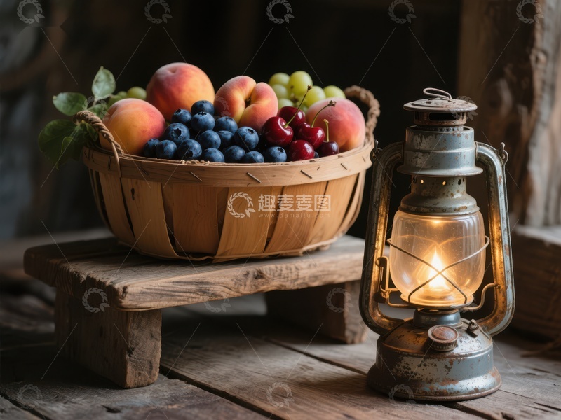 高清大图下载【趣麦麦图】复古油灯旁的水果篮