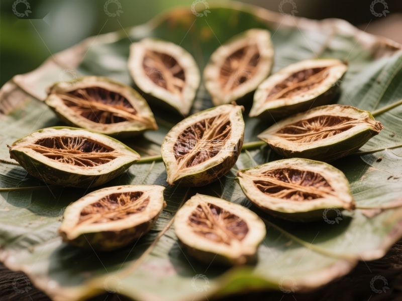 高清大图下载【趣麦麦图】干果切片置于绿叶之上