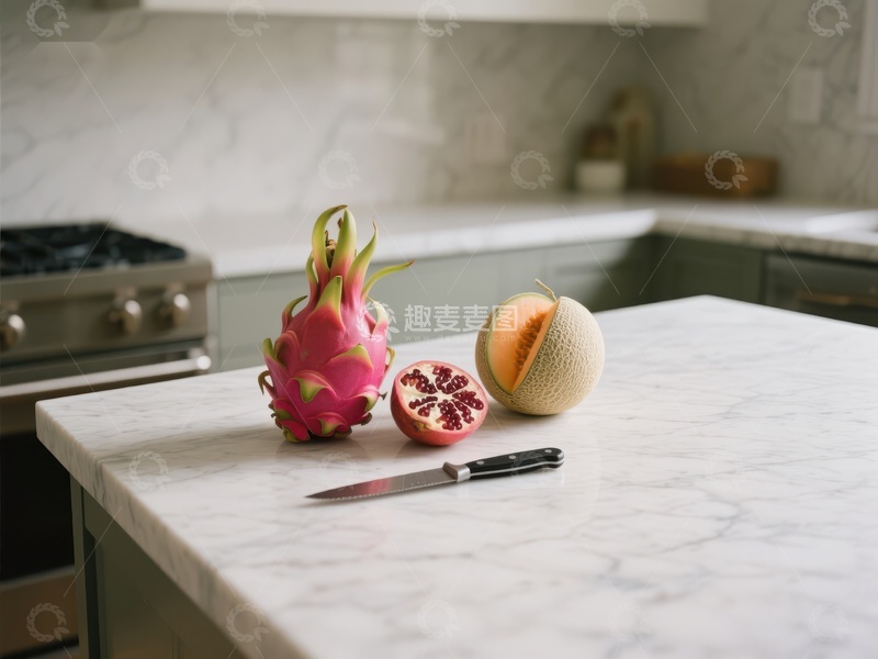 高清大图下载【趣麦麦图】厨房台面上的火龙果和哈密瓜