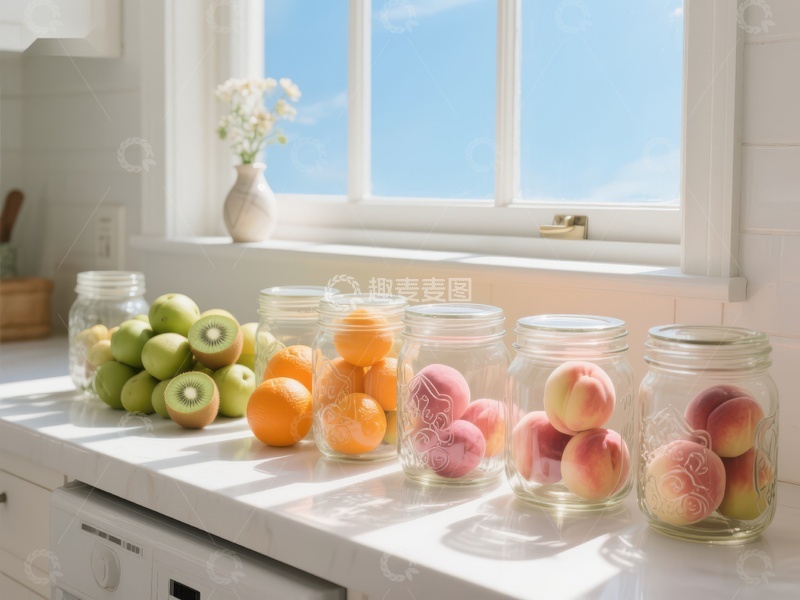 高清大图下载【趣麦麦图】厨房窗台上的水果罐装展示