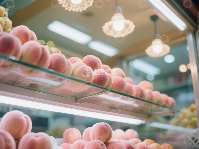 新鲜桃子陈列于明亮的市场货架