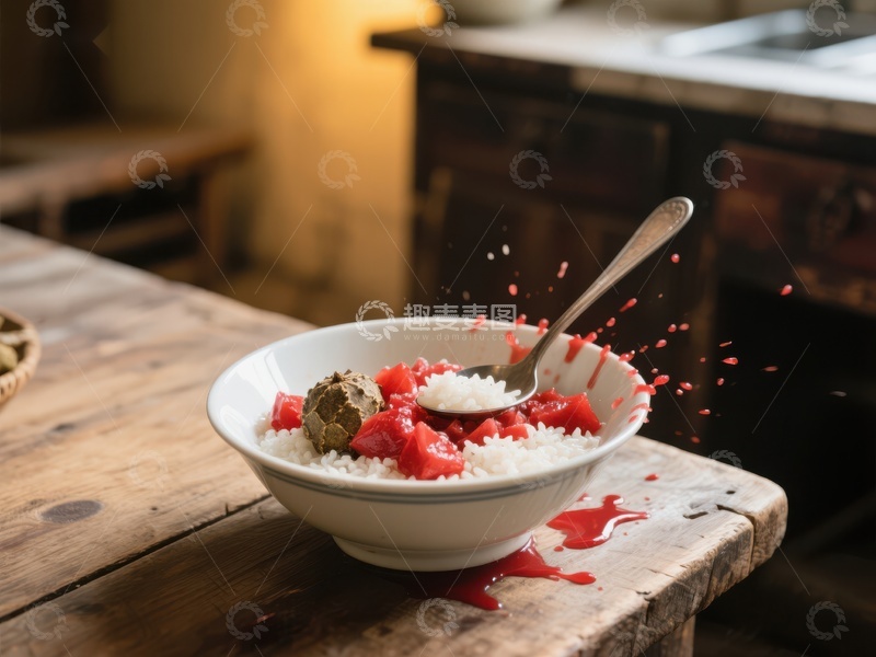 高清大图下载【趣麦麦图】米饭配番茄酱与冰淇淋的创意料理