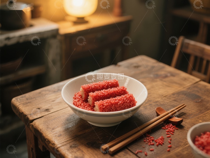 高清大图下载【趣麦麦图】红米糕点置于古朴木桌之上