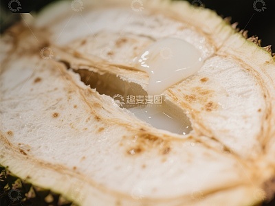 榴莲果肉特写，乳白色汁液滴落