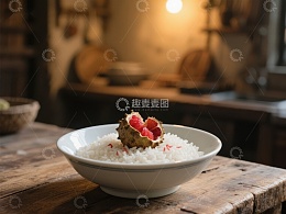 白米饭上点缀石榴籽的温馨场景