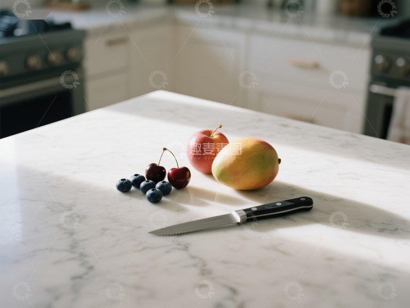高清大图下载【趣麦麦图】厨房台面摆放水果与刀具