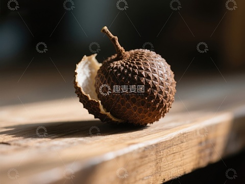 新鲜荔枝半剥皮置于木板上