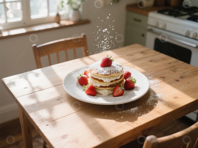 高清大图下载【趣麦麦图】草莓松饼洒糖粉，温馨厨房一景