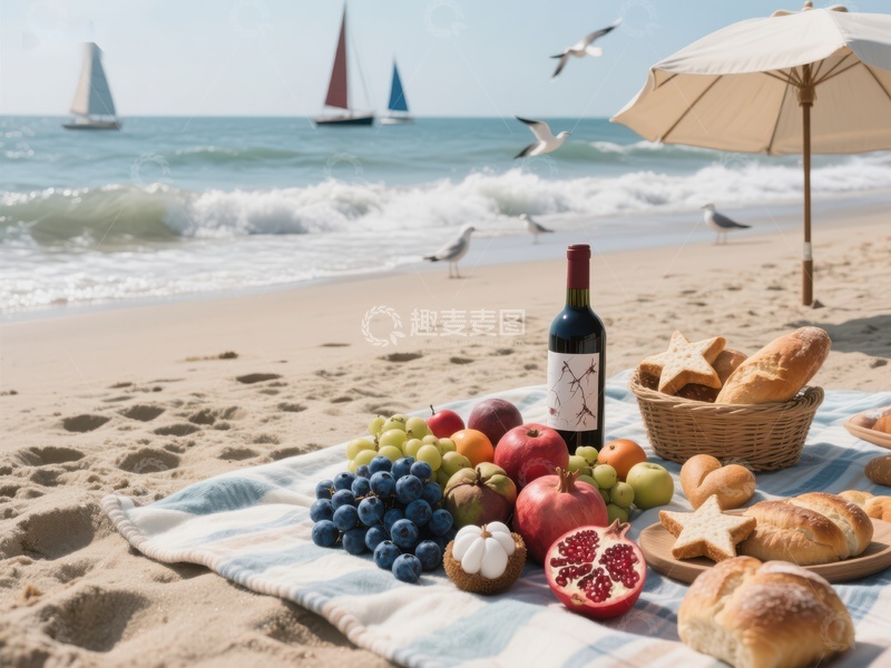 高清大图下载【趣麦麦图】海滩野餐：水果面包与红酒