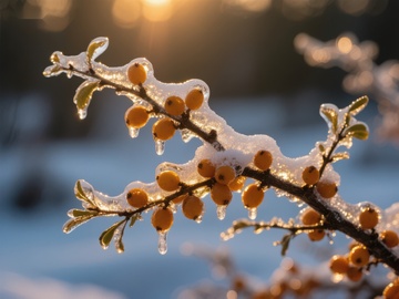 冰霜覆盖的树枝与橙色果实