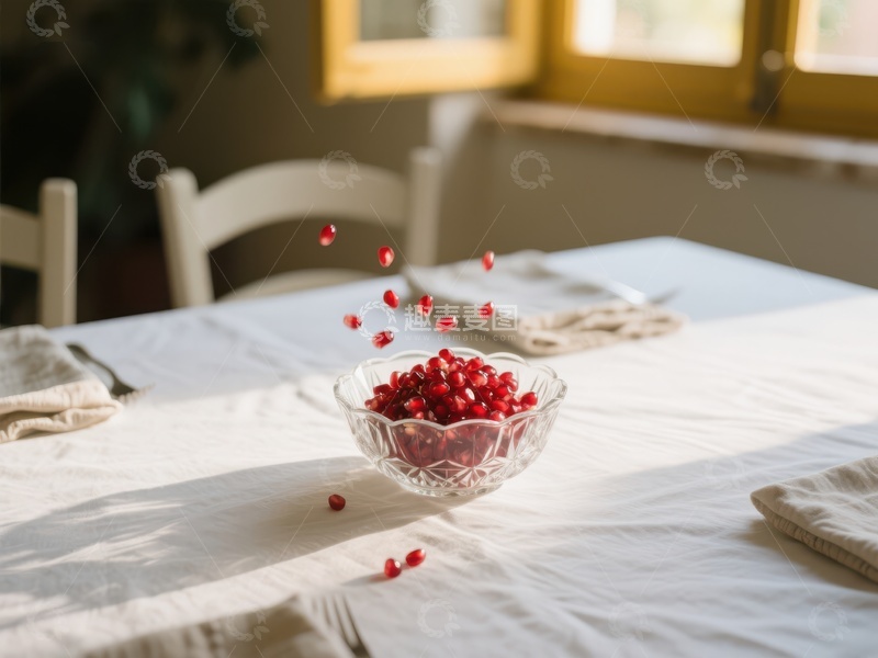 高清大图下载【趣麦麦图】餐桌上的玻璃碗装满红色浆果