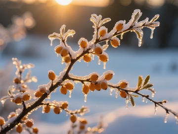 冬日晨光中的冰霜果实